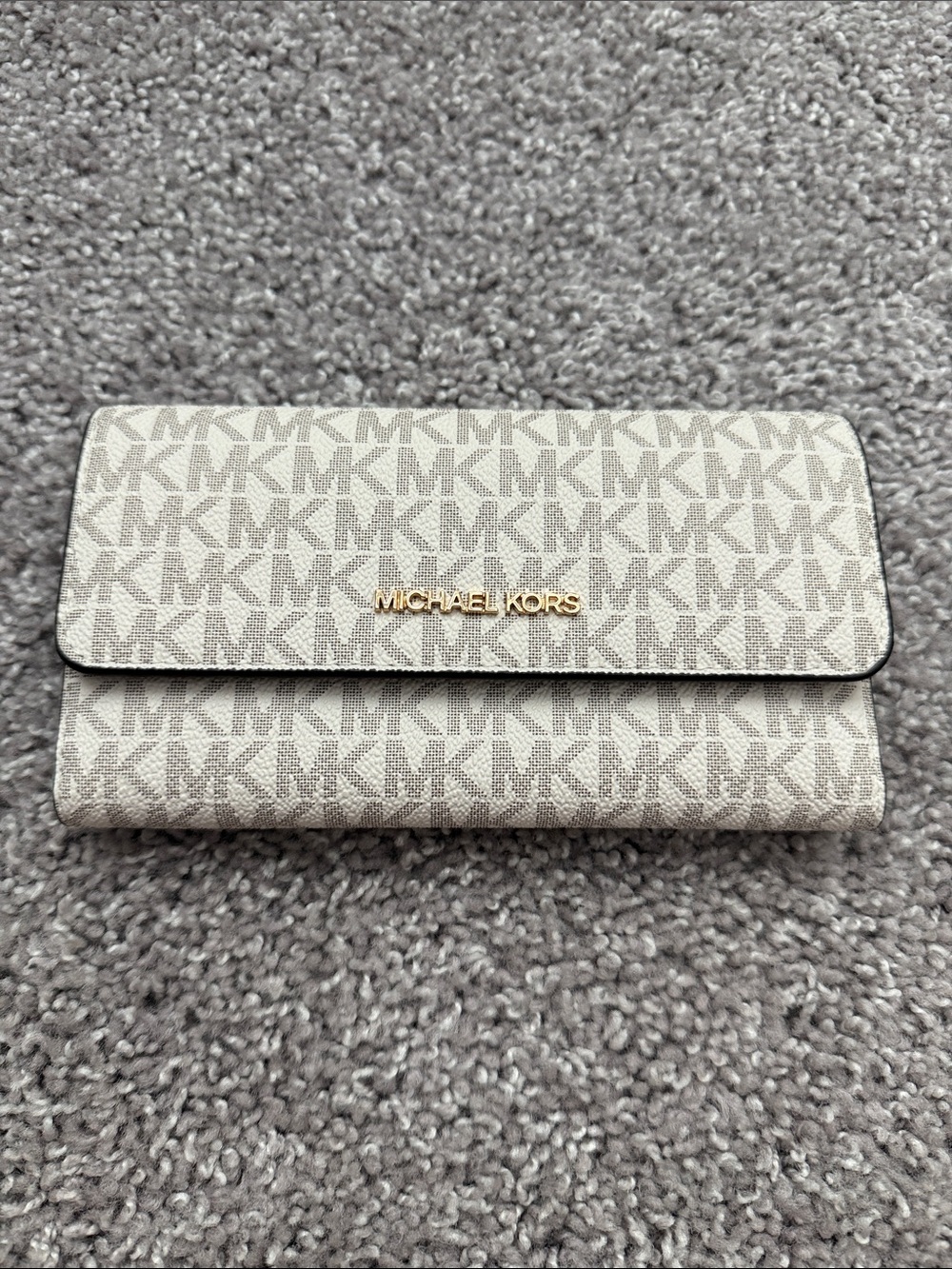 Michael Kors Light Beige MK Logo Continental Wallet with Gold Logo